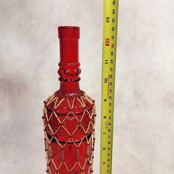 Vtg Red 12.75" Tall Glass Bottle w Hand Beaded Detailing - Picture 2 of 10